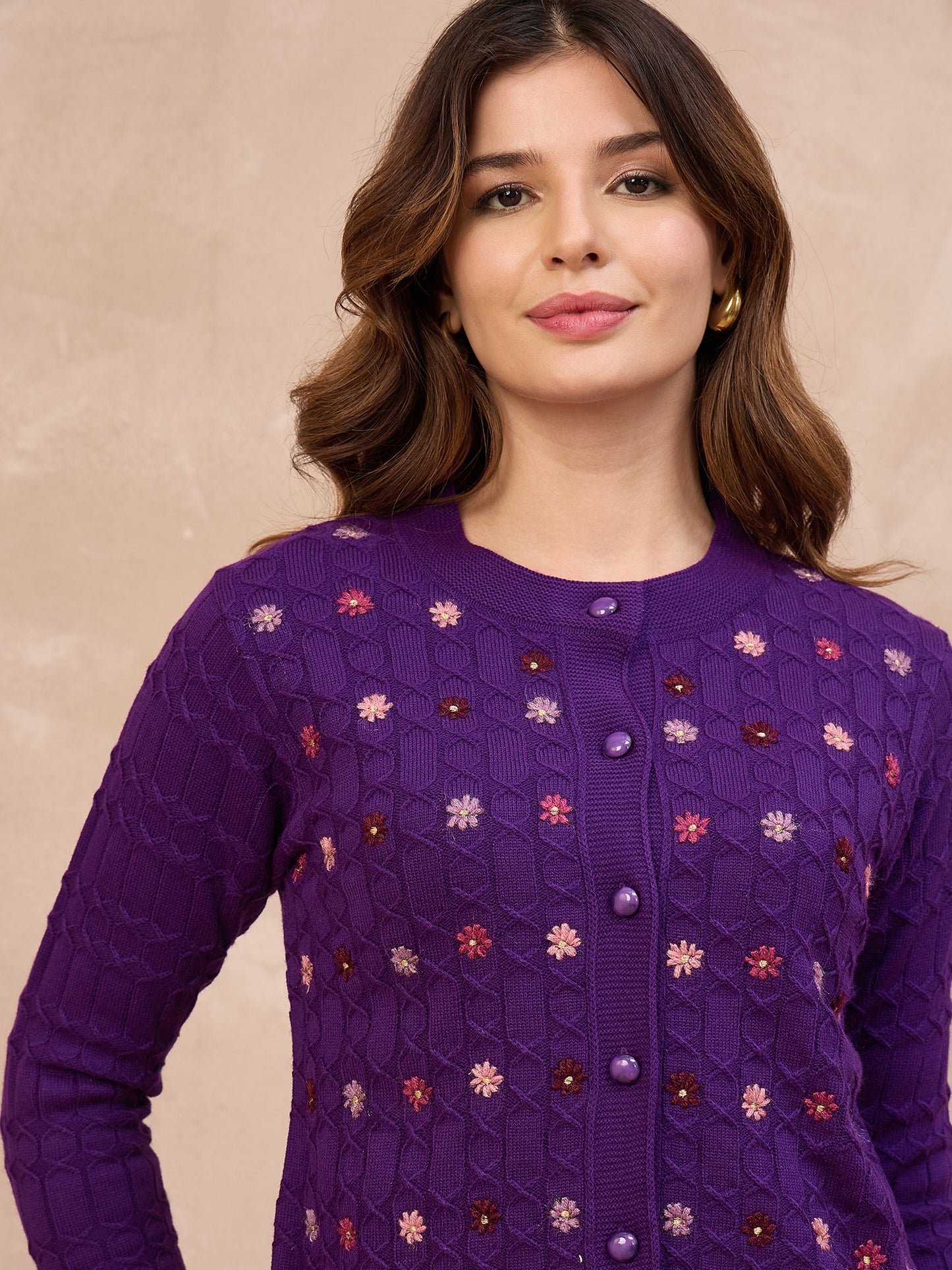 Floral Embroidered Honeycomb Cable-Knit Cardigan Purple
