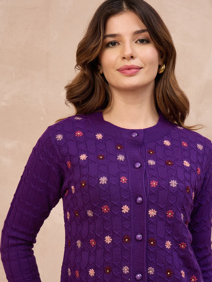 Floral Embroidered Honeycomb Cable-Knit Cardigan Purple