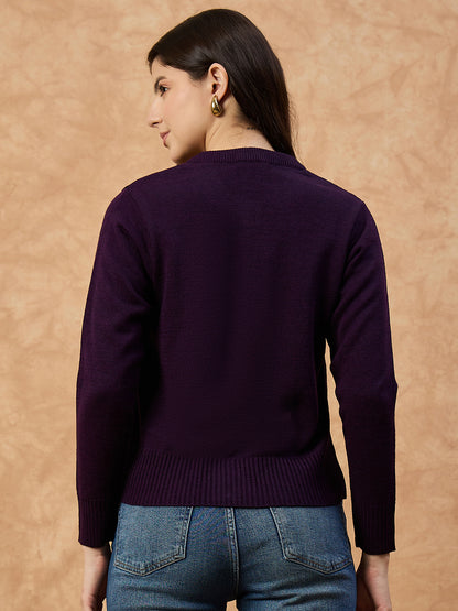 Clapton Women’s Purple Knitted Floral Embroidered Cardigan 6110