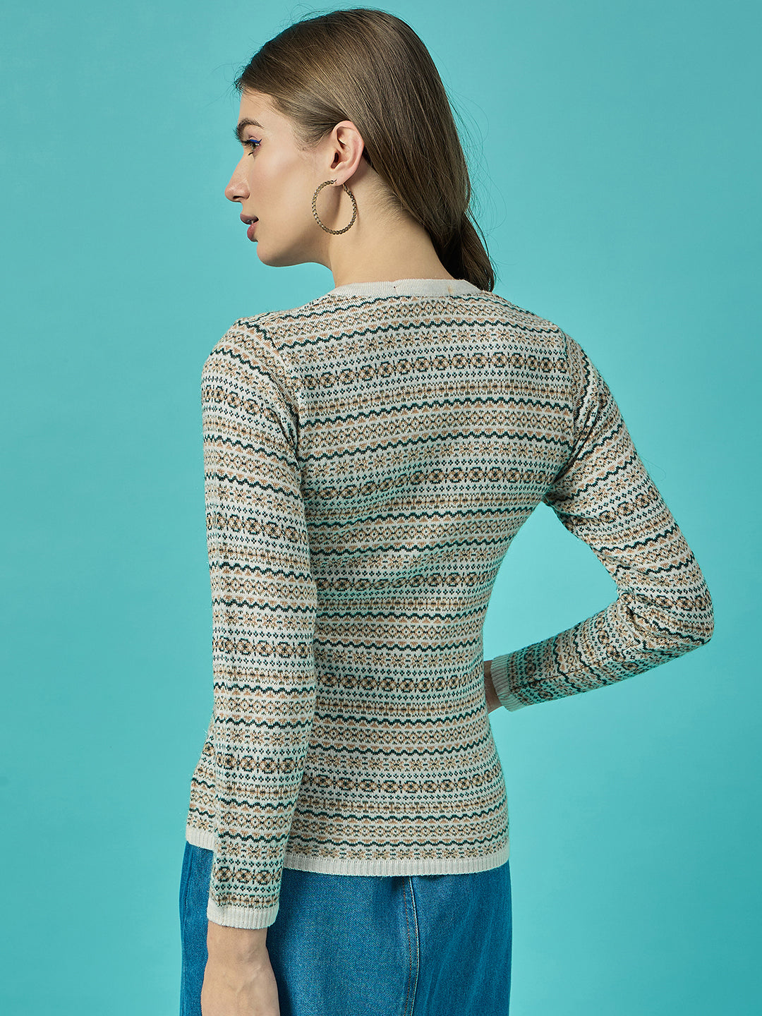 Women White Self Striped Round Neck Cardigan