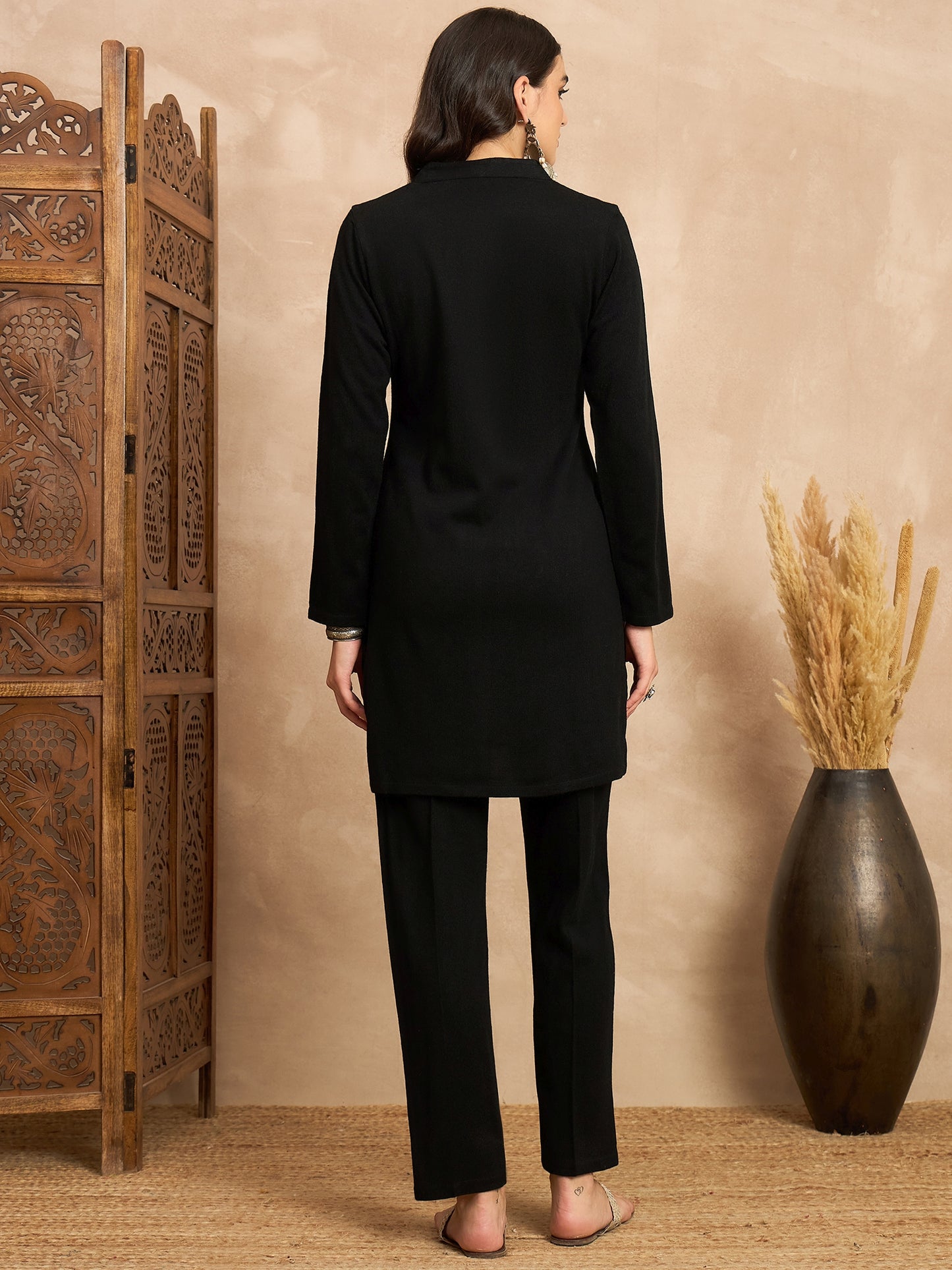 CLAPTON Women’s Black Wool Blend Embroidered Kurti & Pant Set – 2 Piece Winter Wear