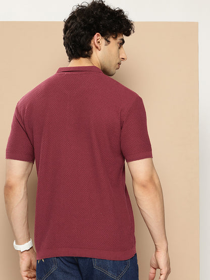 CLAPTON Men Knitted Textured Polo Collar T shirt Maroon