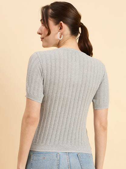 Clapton Women Knitted  Round Neck  T-shirt Grey