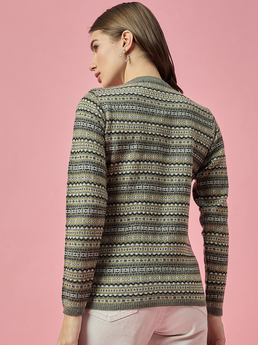Women Grey Self Striped Round Neck Cardigan