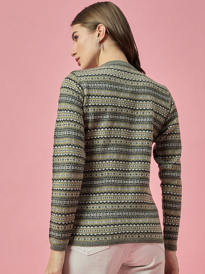 Women Grey Self Striped Round Neck Cardigan