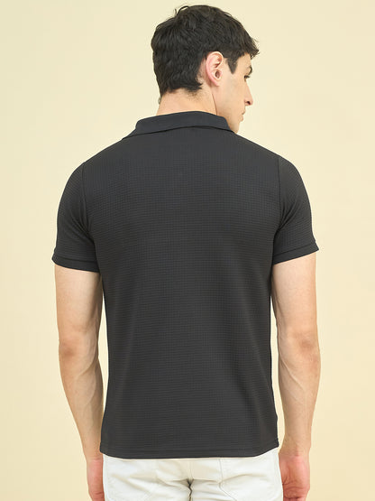 CLAPTON Men Knitted Textured Polo Collar T-shirt BLACK