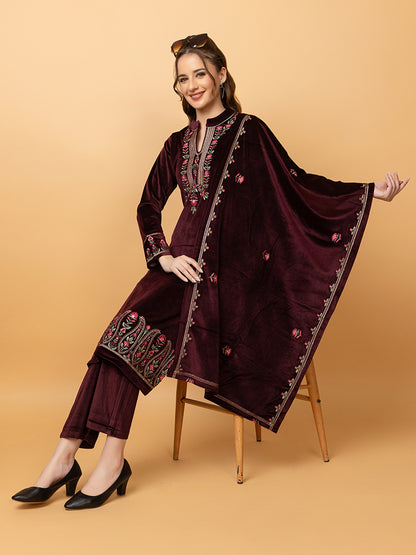 Velvet Embroidered Winter Wear Embroidered Straight Kurta Pant With Dupatta Set Maroon