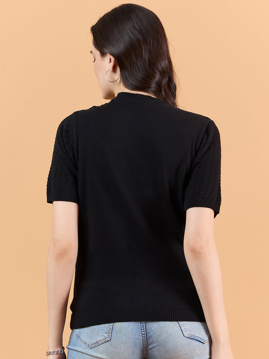 clapton Women Self knitted cotton Design T-shirt  Black