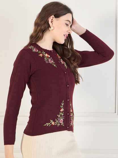 Embroidered Long Sleeves Pure Wool  Cardigan Sweater Maroon