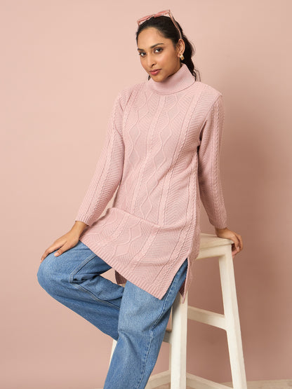 Clapton Cable Knitted  Wool Winter Wear Women’S Long Cardigan Pink