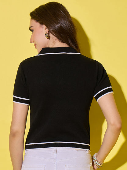 Women Striped Polo Neck With Pocket Pure Cotton T-Shirt Black