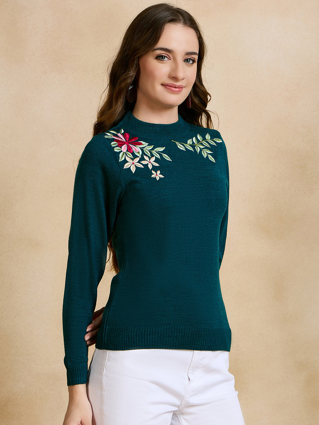 Floral Embroidered Array work Pullover Sweater for women Mint Green