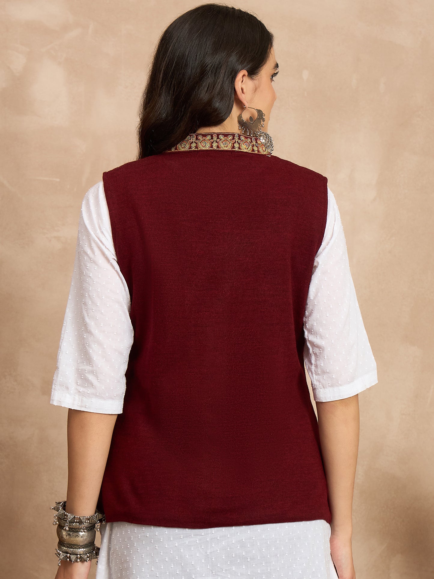 CLAPTON EMBROIDERY SLEEVELESS MEHROON BLAZER FOR WOMEN