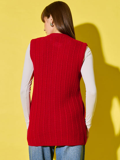 Embroidery Woolen Sleeveless Cardigan