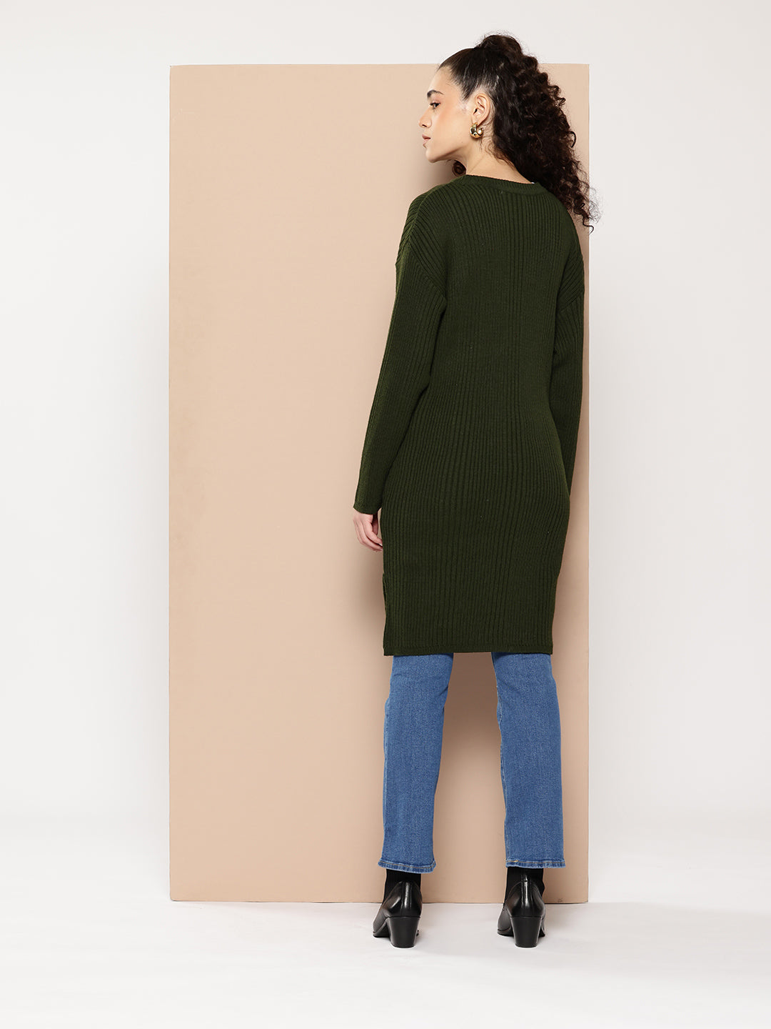 Women Knitted Long Tunic ,Button Down ,Winter Wear Women Color  Green