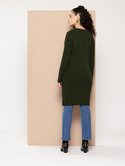 Women Knitted Long Tunic ,Button Down ,Winter Wear Women Color  Green
