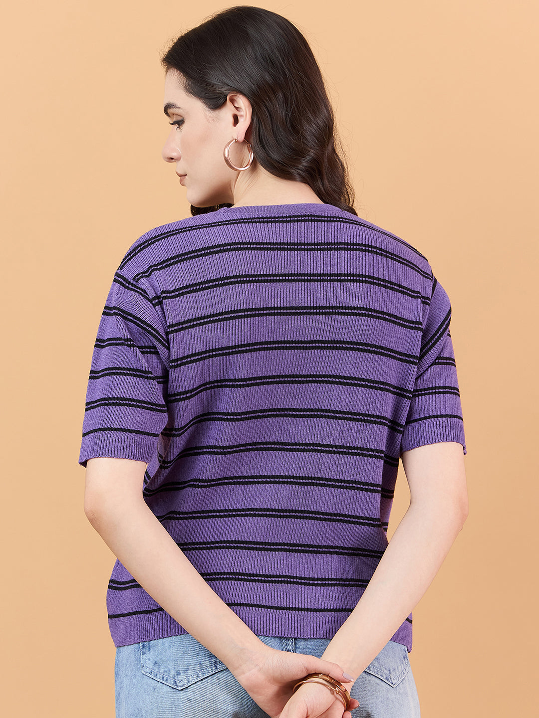 clapton Women Cotton knitted Striped Design T-shirt  Purple Mauve