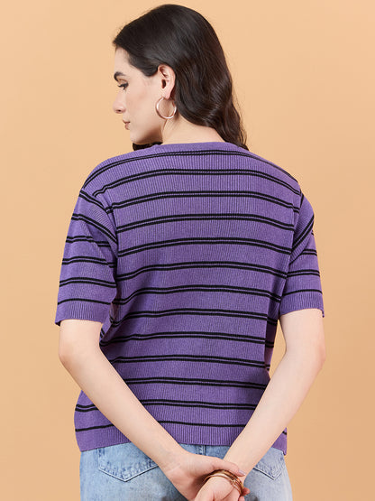 clapton Women Cotton knitted Striped Design T-shirt  Purple Mauve