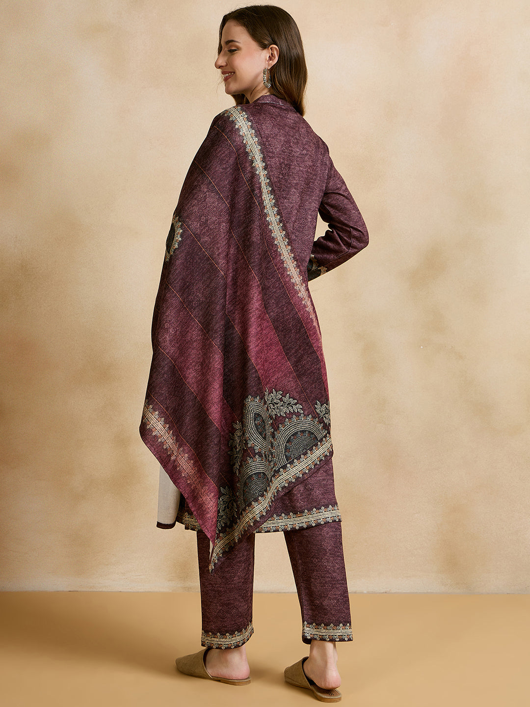 Clapton Printed Work Straight Kurta Pant With Dupatta Set Maroon