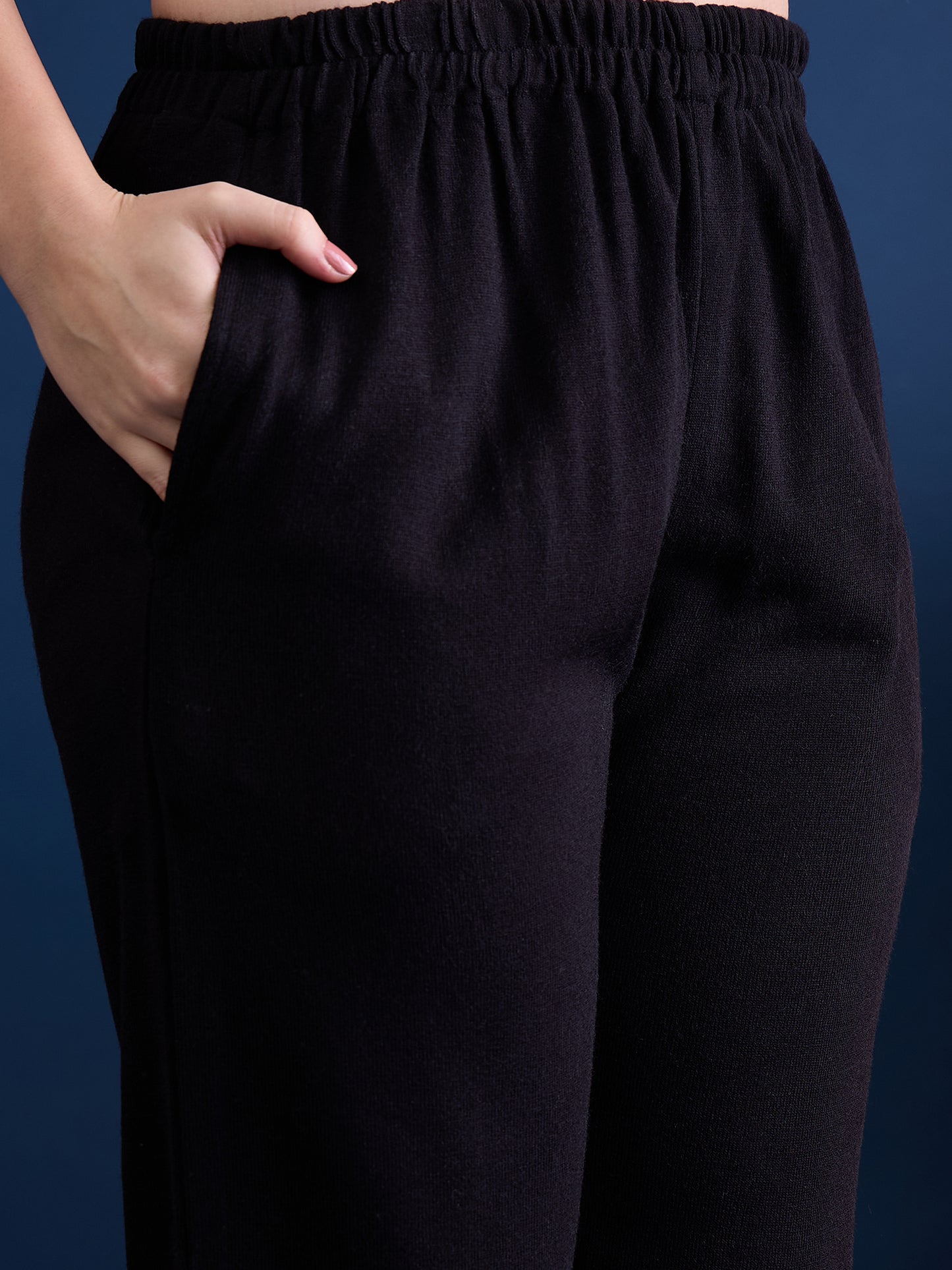 Women’S Embroidered Woolen Kurta With Straight-Fit Pants Co-Set Black