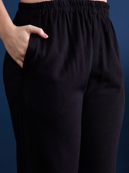 Women’S Embroidered Woolen Kurta With Straight-Fit Pants Co-Set Black
