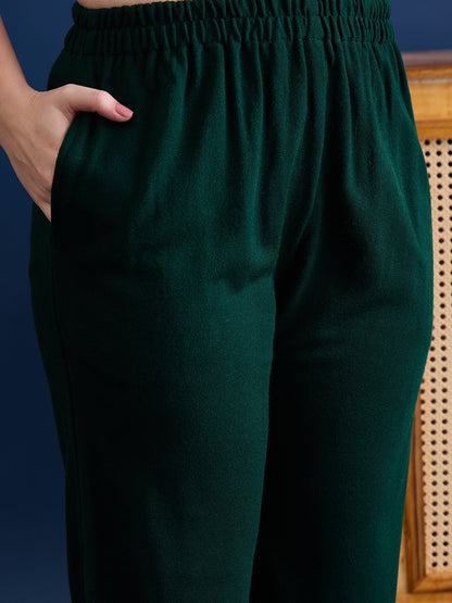 Women’S Embroidered Woolen Kurta With Straight-Fit Pants Co-Set Green