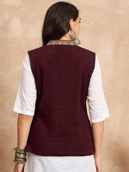 CLAPTON EMBROIDERY SLEEVELESS WINE BLAZER FOR WOMEN