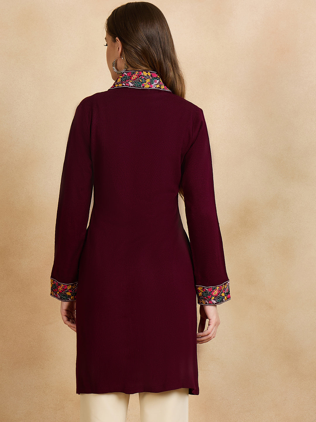 Women's Maroon Embroidered Sleeves, Floral Pattern, Winter Wear, Open Neck Shrug