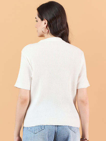 Ladies Short Sleeve Knitted cotton  T Shirt solid Color White
