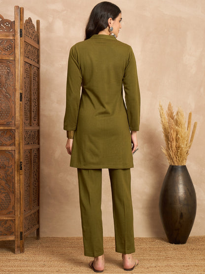 CLAPTON Women’s Green Wool Blend Embroidered Kurti & Pant Set – 2 Piece Winter Wear