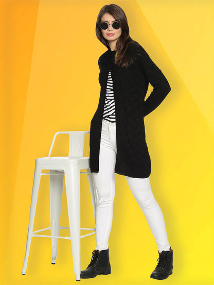 Wool Blend Round Neck Black Long Shrug