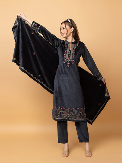 Velvet Embroidered Winter Wear Embroidered Straight Kurta Pant With Dupatta Set Navy