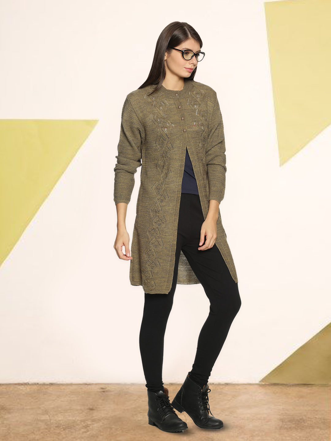 Wool Blend Round Neck Willow Green Long Shrug