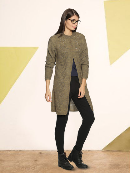 Wool Blend Round Neck Willow Green Long Shrug