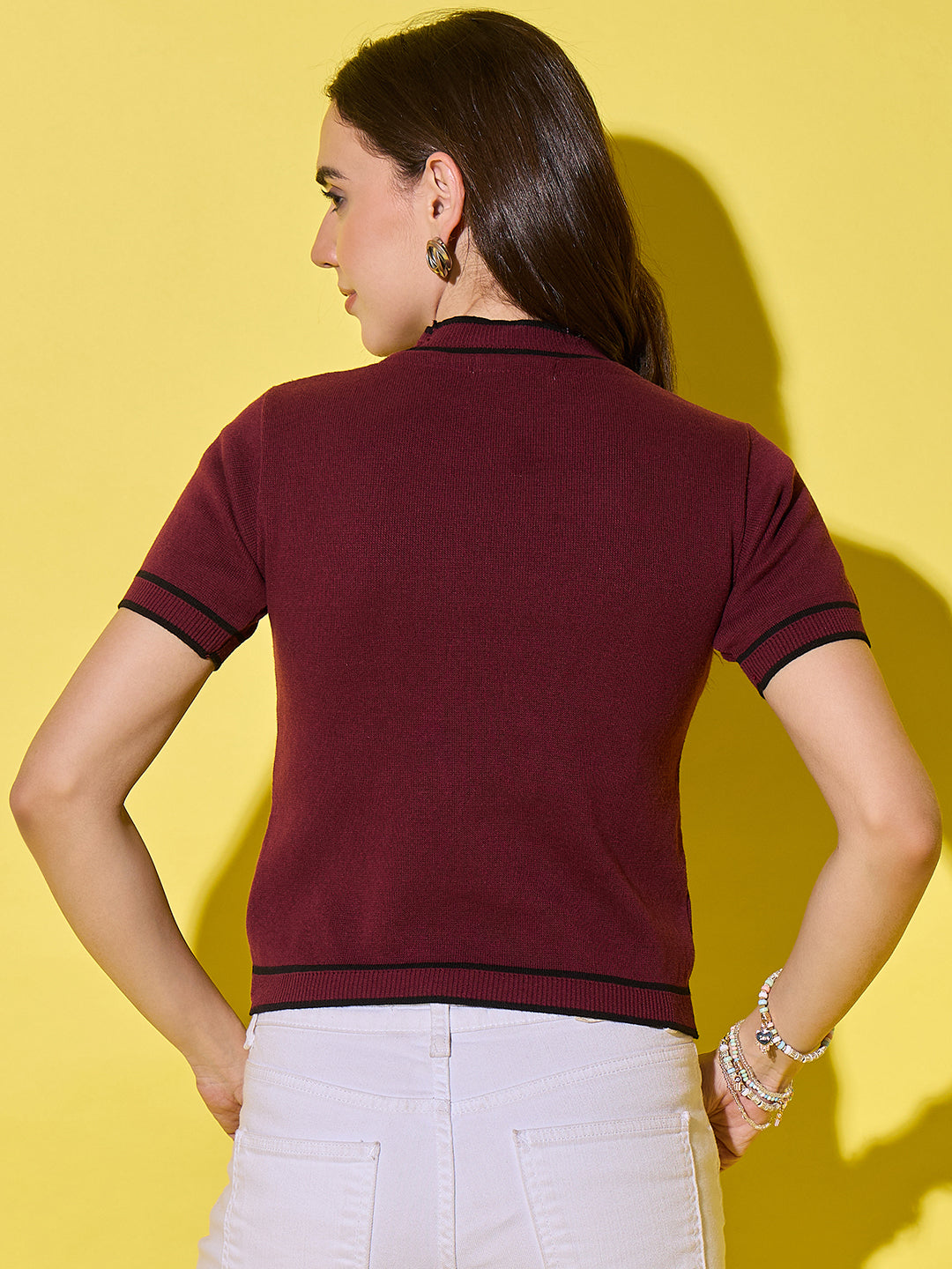 Women Striped Round Neck Pure Cotton T-Shirt Maroon