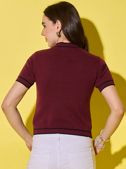 Women Striped Round Neck Pure Cotton T-Shirt Maroon