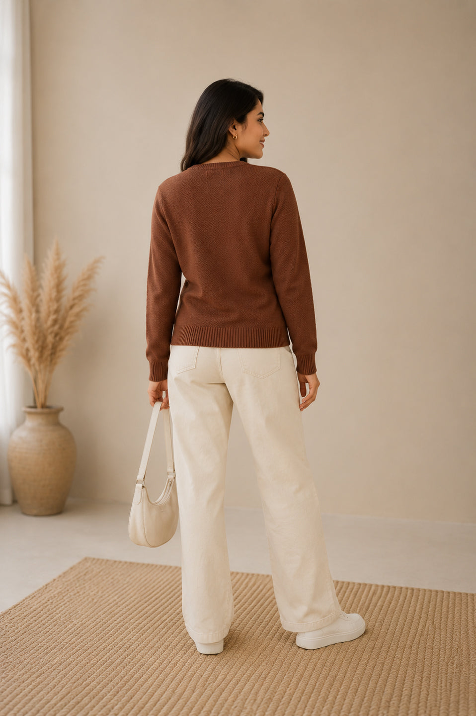 Women'S  Floral Embroidered Knit Cardigan, Round Neck, Button-Front, Long Sleeve Sweater Brown