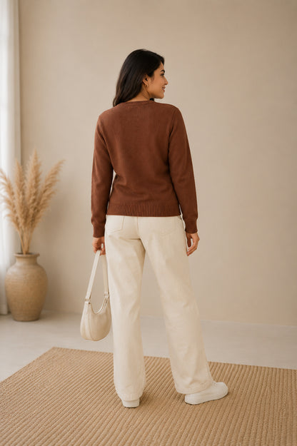 Women'S  Floral Embroidered Knit Cardigan, Round Neck, Button-Front, Long Sleeve Sweater Brown