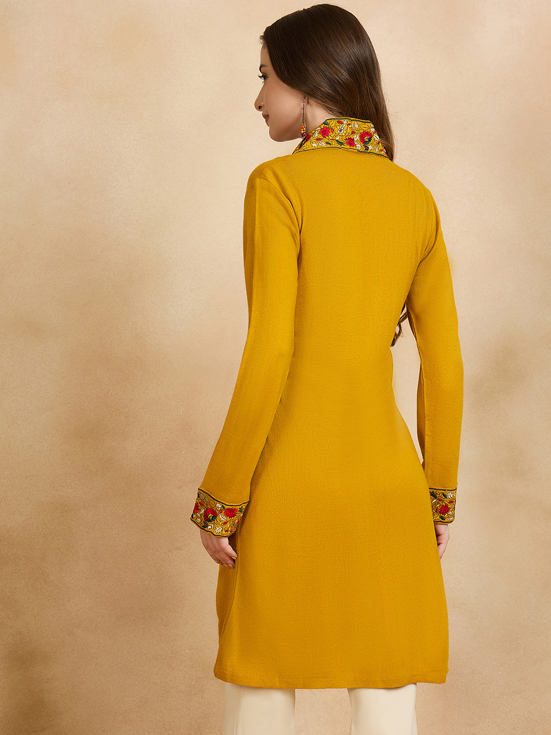 Women's Gold Mustard Embroidered Sleeves, Floral Pattern, Winter Wear, Open Neck Shrug