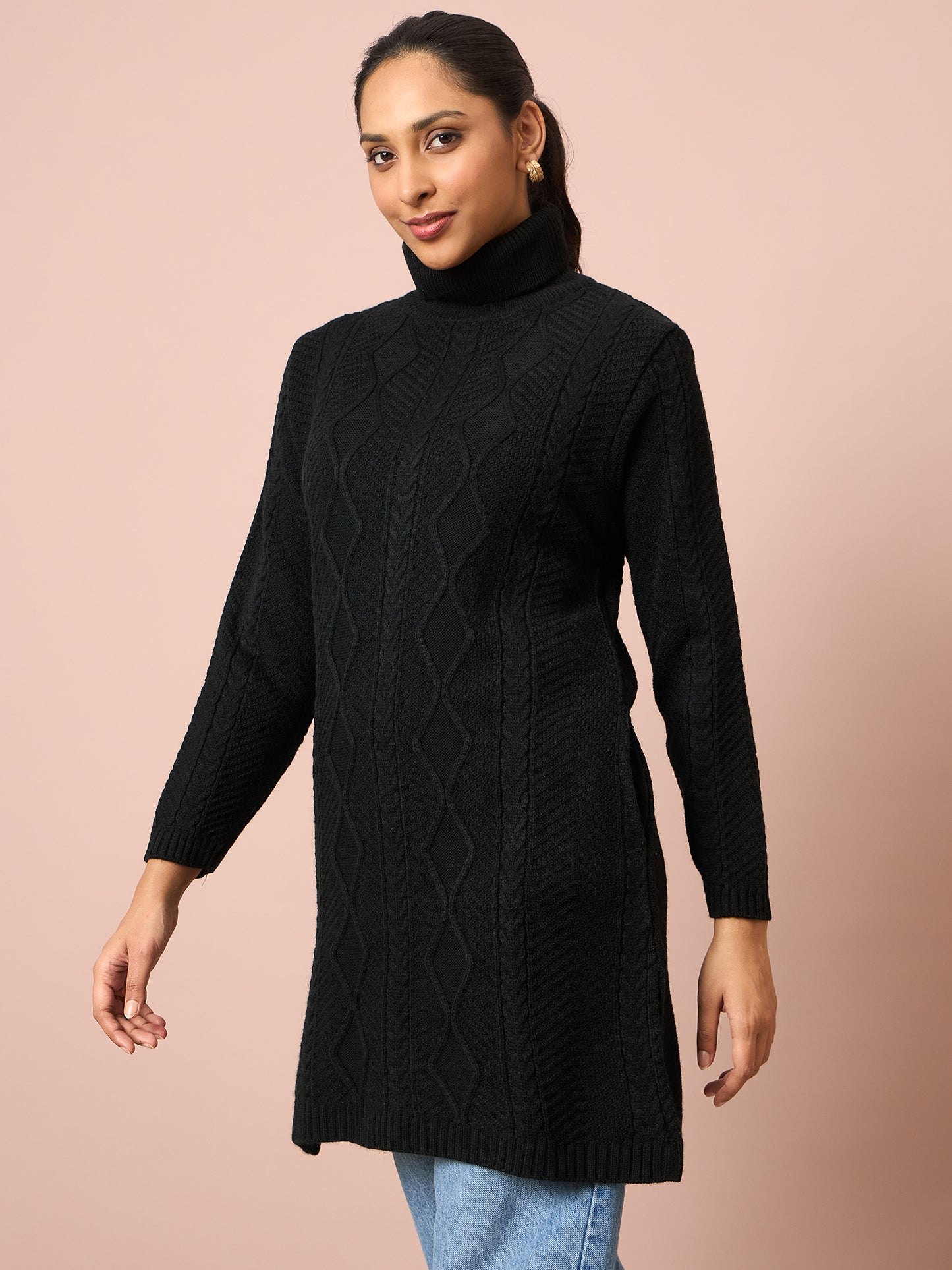 Clapton Cable Knitted  Wool Winter Wear Women’S Long Cardigan Black