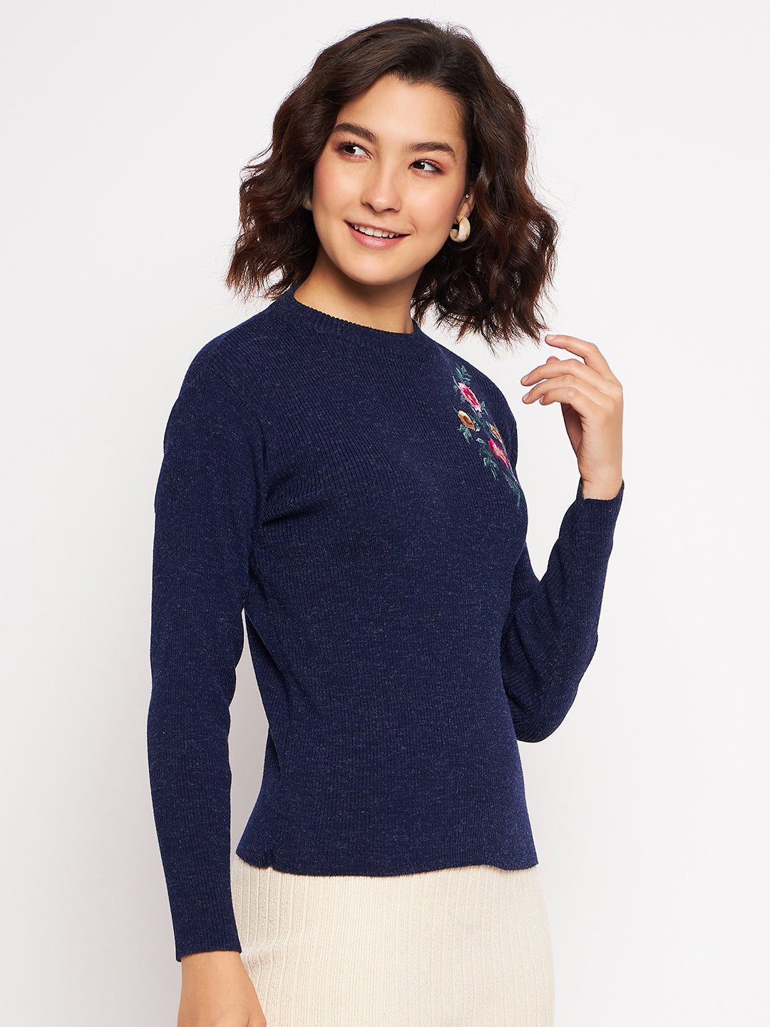 Wool Blend Round Neck Navy Top With Embroidery