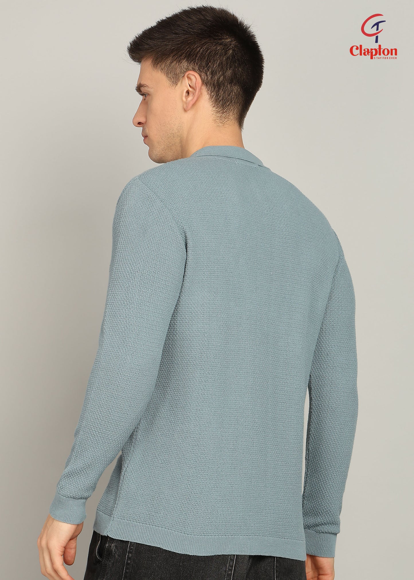 Clapton Men Knitted  Cotton Summer Wear Round Neck Full Sleeve T-Shirt SKY Blue