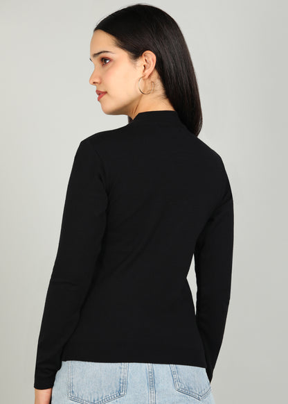 Women Solid Color Round Neck Viscose T-Shirt Black