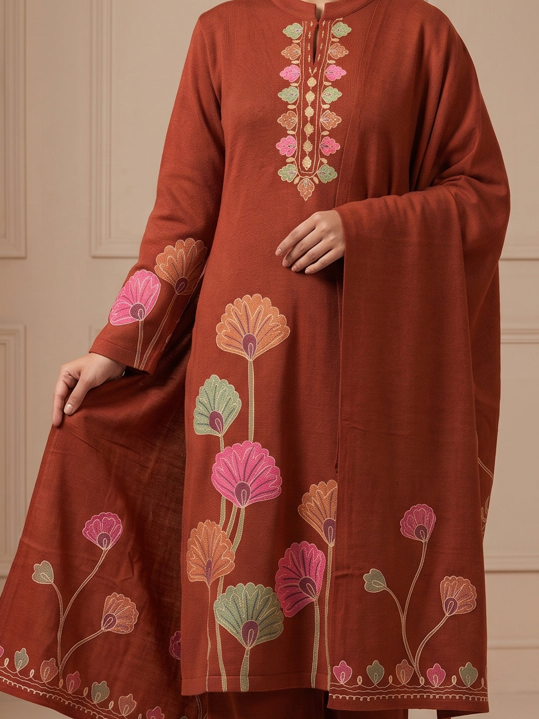 Woolen Embroidered  winter wear Kurti & Pant and Dupatta Set RUST
