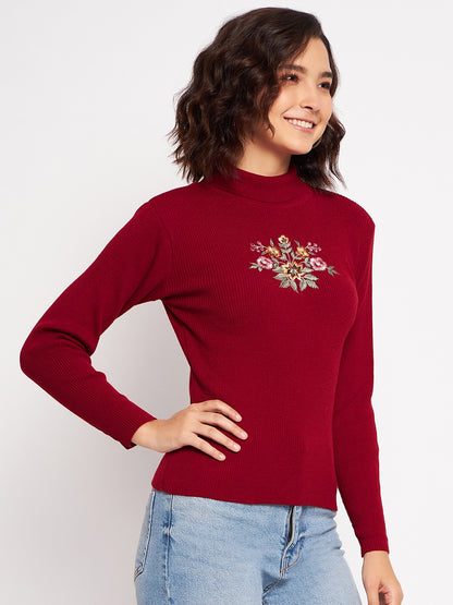 Wool Blend High Neck Mehroon Top With Embroidery