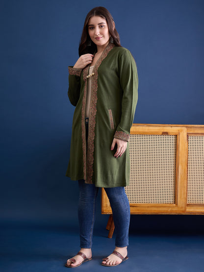 clapton MEHNDI Pure Wool Long Jacket from Kashmir with Paisley Aari Embroidery on Border (Copy)