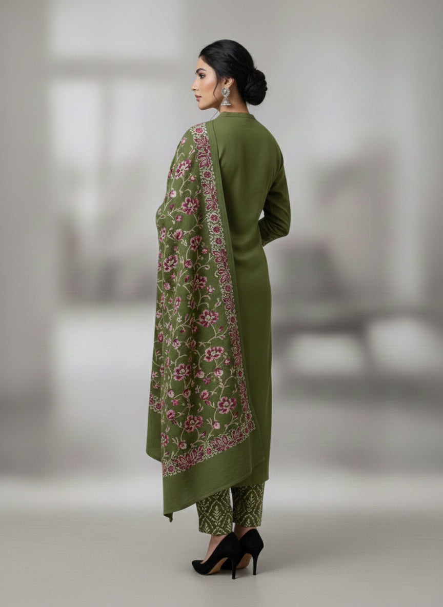 Clapton Embroidered  wool blends for winter wear Straight-fit kurta with trousers and a dupatta (shawl) Green