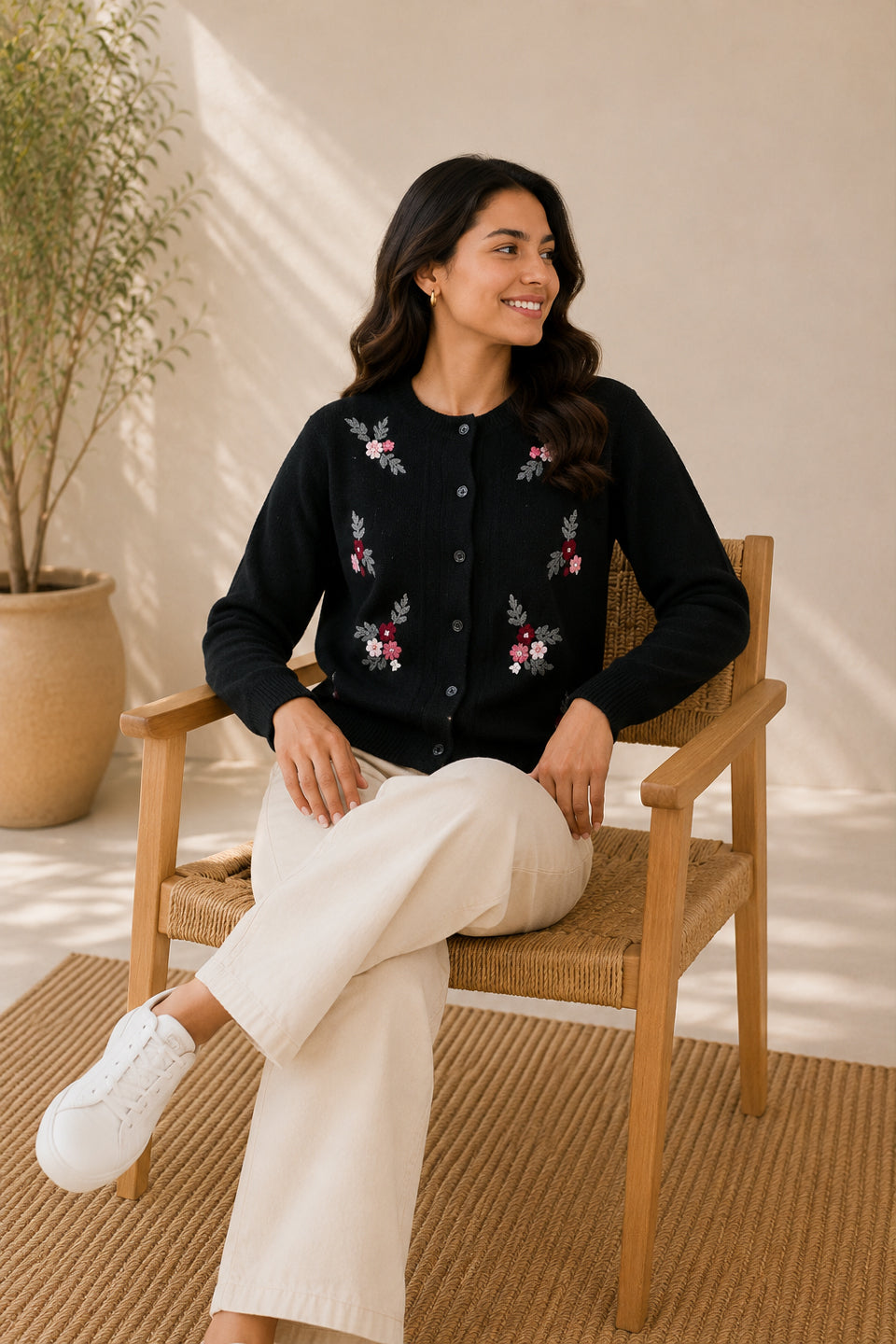 Women'S  Floral Embroidered Knit Cardigan, Round Neck, Button-Front, Long Sleeve Sweater Black