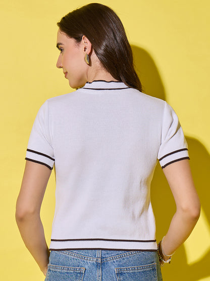 Women Striped Round Neck Pure Cotton T-Shirt White-Brown