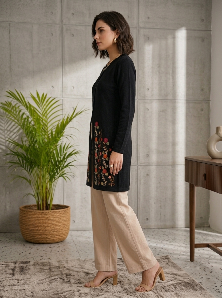 Women's Black Floral Embroidered Long Cardigan, Button-Front, Round Neck, Full Sleeves